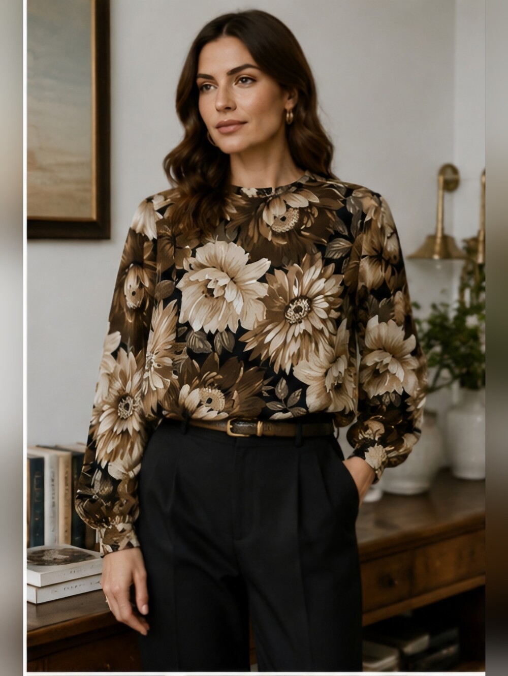 Jones New York Sheer Chiffon Floral Blouse Sz 6 Long Sleeve Keyhole Neck